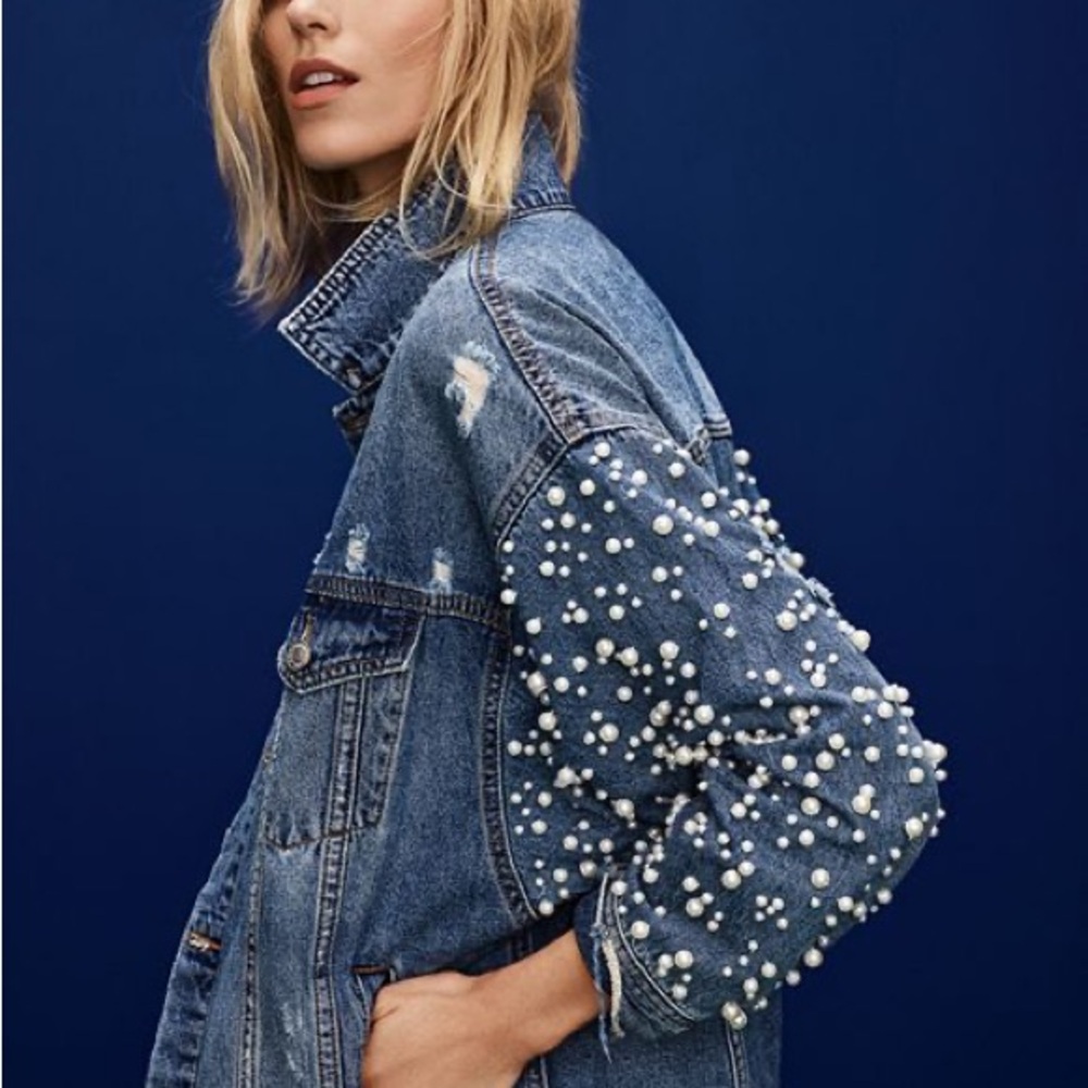 Sunset + spring Pearl Embellished Denim Jacket XS